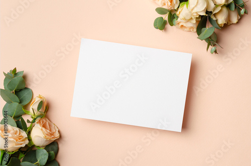 Wedding invitation card mockup with flowers, blank card mock up with copy space