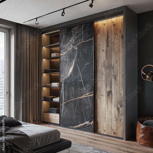 Contemporary bedroom with dark marble wardrobe door and wooden shelving.