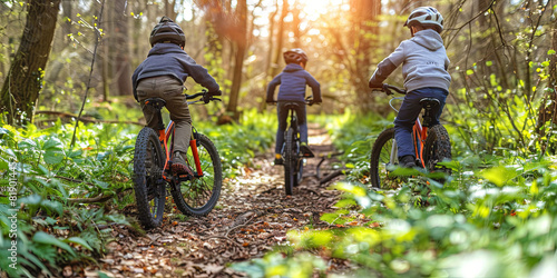 Three children are riding bikes in a forest