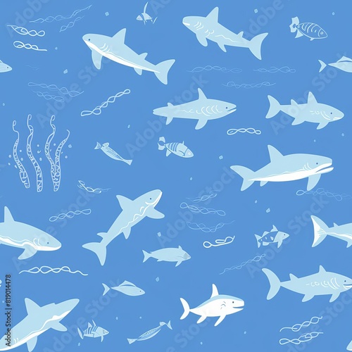 Colorful seamless texture showcasing aquatic animals like dolphins  sharks  and tropical fish swimming in a deep blue ocean background  water color  drawing style  isolated clear background