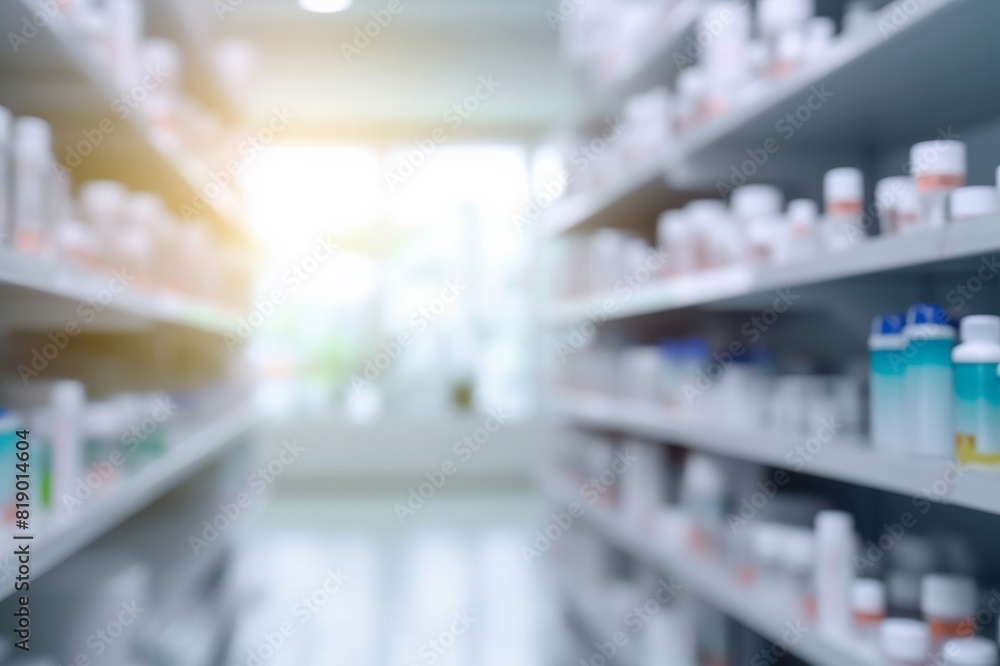 pharmacy medicine shelf in a row blurred background