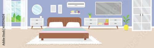 Modern bedroom interior. Vector flat cartoon illustration. Cozy bedroom. Interior concept. Vector flat illustration. 