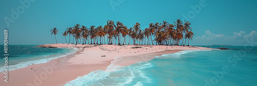 A tropical island with palm trees and a blue ocean