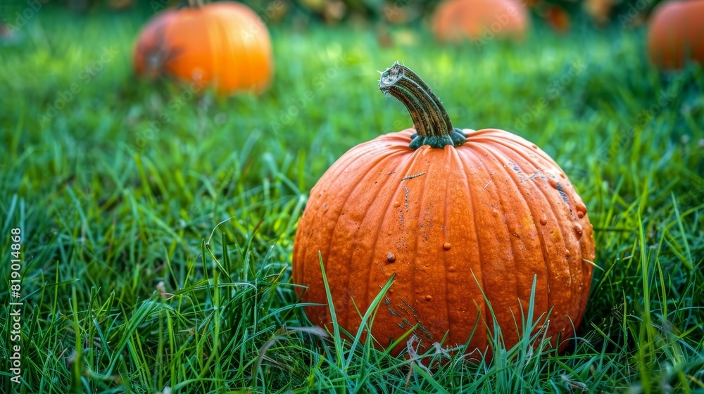 Detailed close-up of a pumpkin patch on vibrant green grass, showcasing the contrast of colors Detailed close-up of a pumpkin patch on vibrant green grass, showcasing the contrast of colors