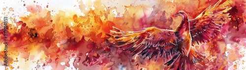 Mystical phoenix rising from the ashes  illustrated in vibrant watercolor
