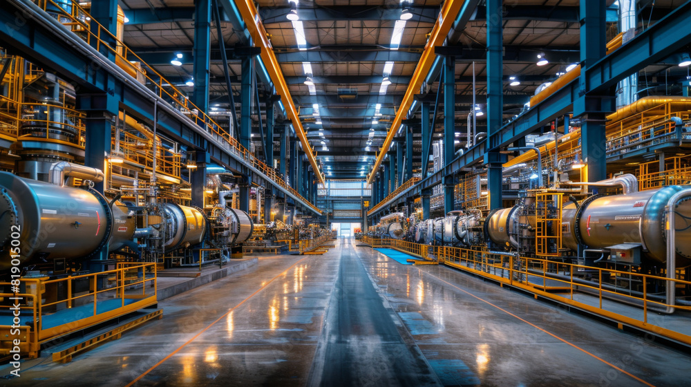 Interior view of a vast industrial factory equipped with large steel machinery and reflective floor. Interior view of a vast industrial factory equipped with large steel machinery and reflective floor.