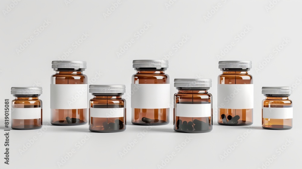Collection of pill bottles with blank labels, varying sizes, isolated background, studio setup, pristine condition, photorealistic Collection of pill bottles with blank labels, varying sizes, isolated background, studio setup, pristine condition, photorealistic