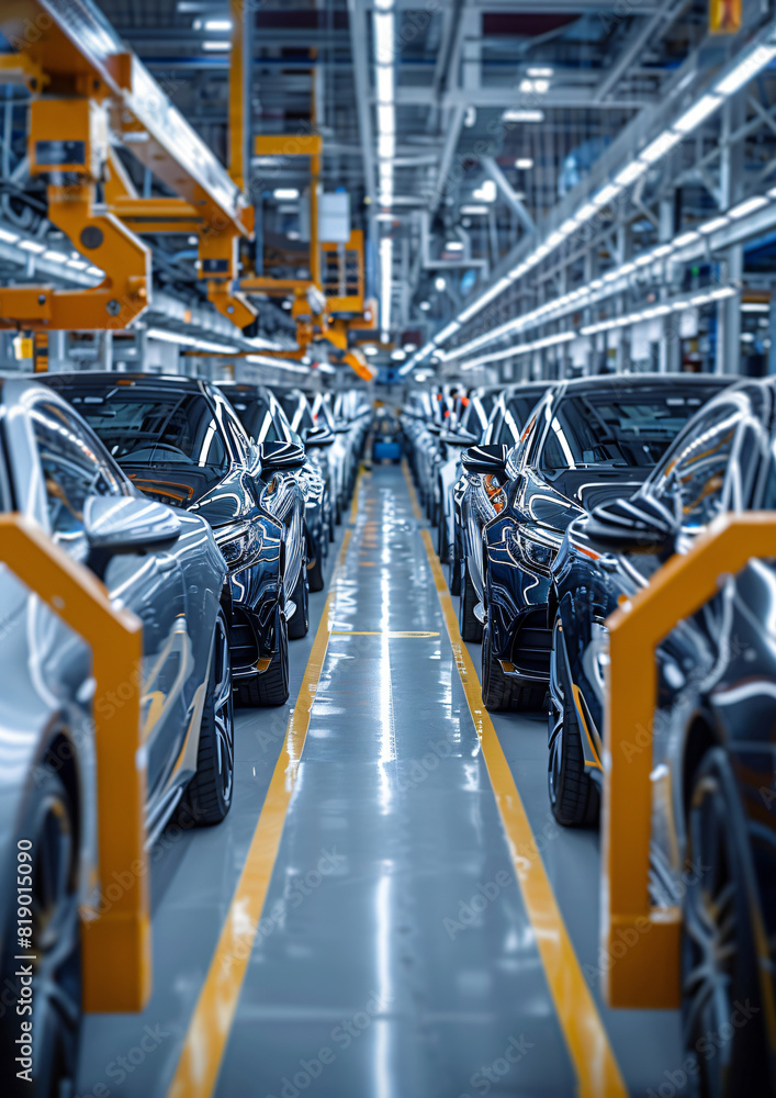 A line of electric cars being assembled in a state-of-the-art automotive factory, manufactory production line robots A line of electric cars being assembled in a state-of-the-art automotive factory, manufactory production line robots
