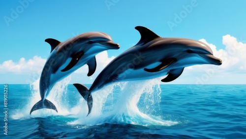 Dolphins jumping out of the water on a sunny day.