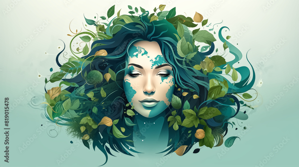 Woman's face integrated with nature elements on a light green ...