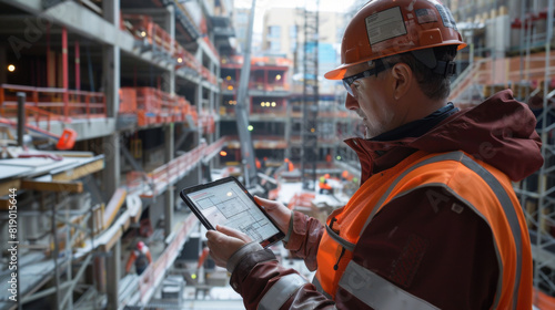 A construction manager in a safety vest uses a digital tablet to review building plans on a bustling construction site.