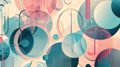 Abstract geometric pattern with overlapping circles and lines in teal, pink, and beige tones. Digital art with modern design. Abstract and contemporary concept for design and print.