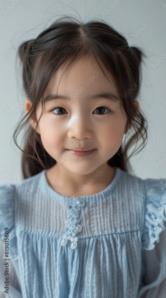 Little beauty girl closeup long hair looking to camera wearing blue dress Little beauty girl closeup long hair looking to camera wearing blue dress