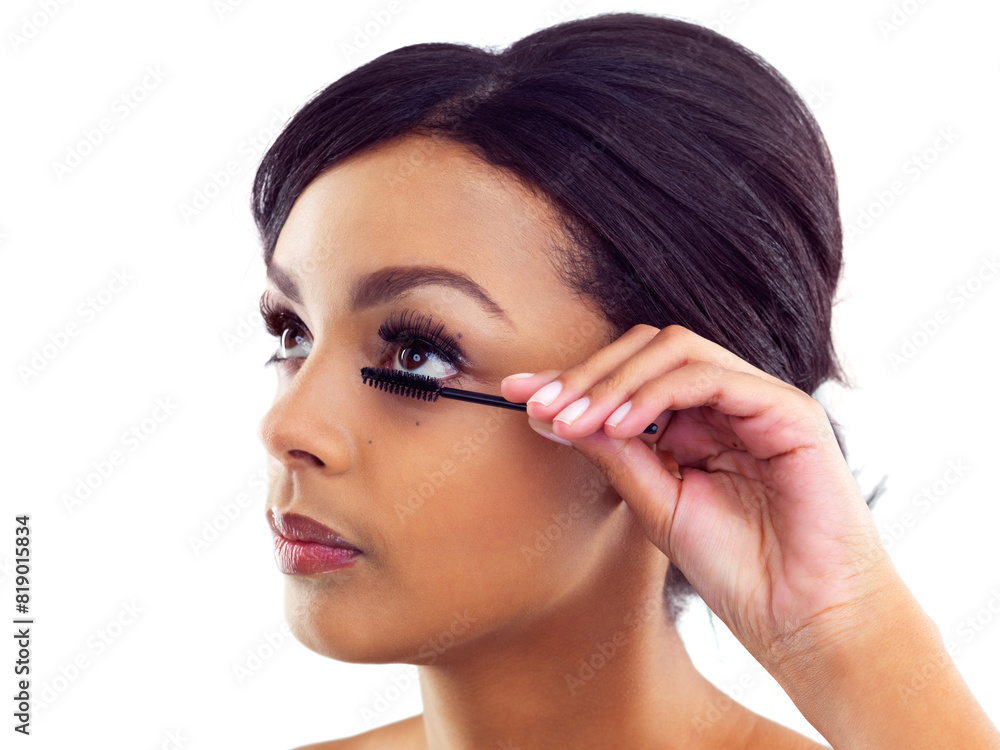 Studio, woman and brush with mascara for makeup, facial glow and cosmetic for eyelash application. Girl, skincare and beauty with tool for lashes and skin transformation by white background. Studio, woman and brush with mascara for makeup, facial glow and cosmetic for eyelash application. Girl, skincare and beauty with tool for lashes and skin transformation by white background.