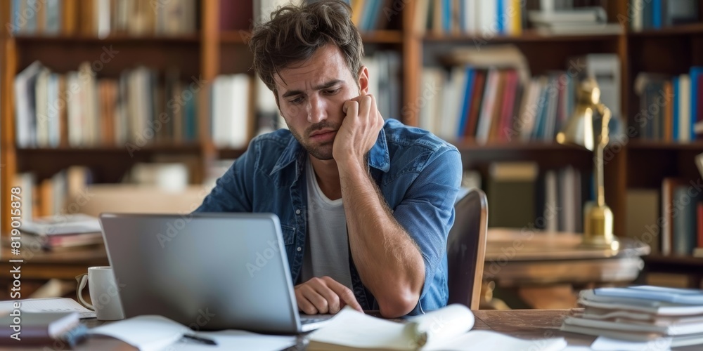 Frustrated Man Working on Laptop at Desk Frustrated Man Working on Laptop at Desk