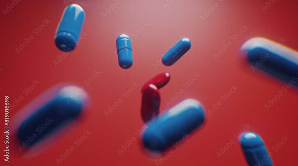 Cinematic pills falling through the air, captured in motion Cinematic pills falling through the air, captured in motion