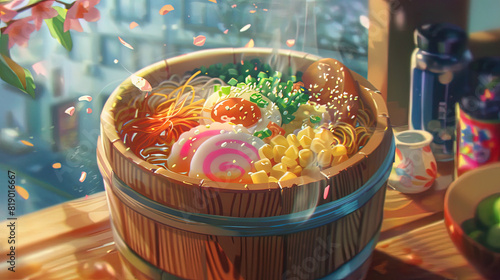 tasty hot noodle soup, anime manga illustration, cozy image