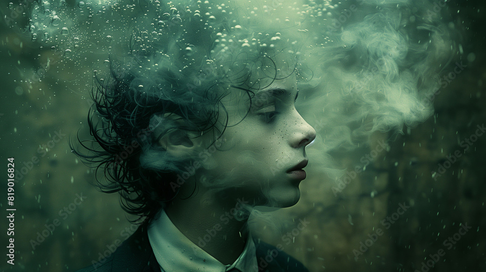 A surreal image of a person underwater with bubbles and smoke surrounding their face. The person has wet hair and is wearing a suit. A surreal image of a person underwater with bubbles and smoke surrounding their face. The person has wet hair and is wearing a suit.