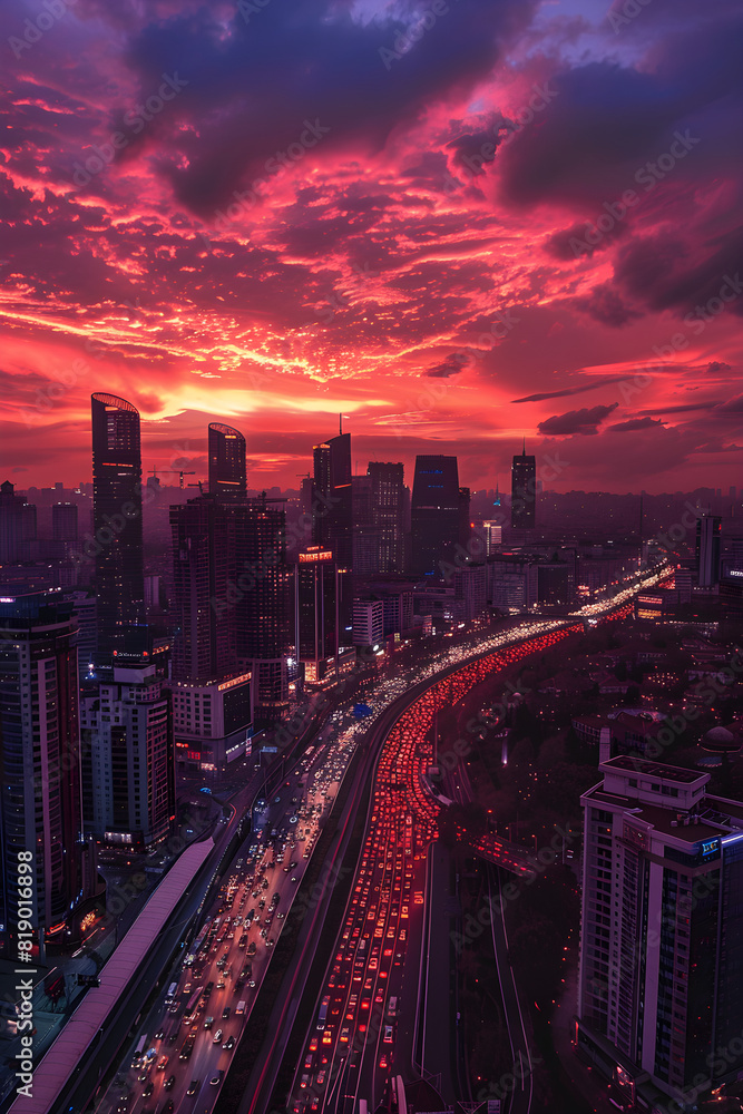A Serene Sunset Over an Illuminated Cityscape: The Blend of Calm and Chaos