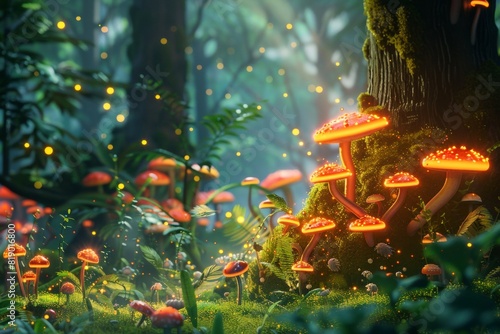 a fantasy forest with glowing mushrooms and moss, green tones, cute, cartoon style. photo