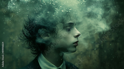 A surreal image of a person underwater with bubbles and smoke surrounding their face. The person has wet hair and is wearing a suit.
