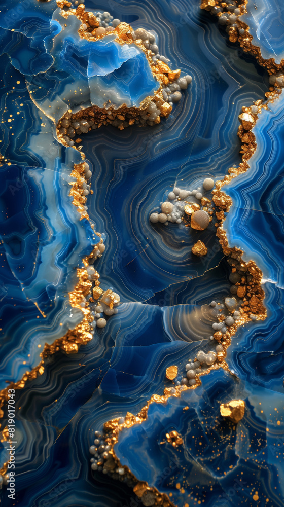 Fototapeta premium a close up photo of a flat slice of blue and gold marble and gold, ideal image for a mobile phone wallpaper or Instagram story cover