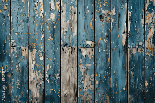 Close-up of weathered blue wooden planks with peeling paint. Highlights rustic charm and vintage aesthetic.