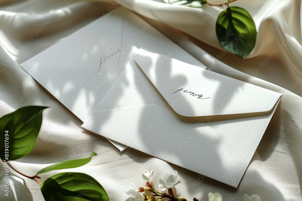 Two rectangular blank cards and white envelope lie flat on ivory background with shadow Two rectangular blank cards and white envelope lie flat on ivory background with shadow