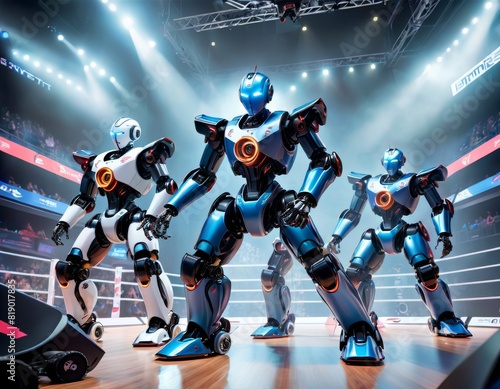 An animated team of blue and white robots positioned dynamically in a sports arena, ready for action under the bright arena lights.. AI Generation © Anastasiia