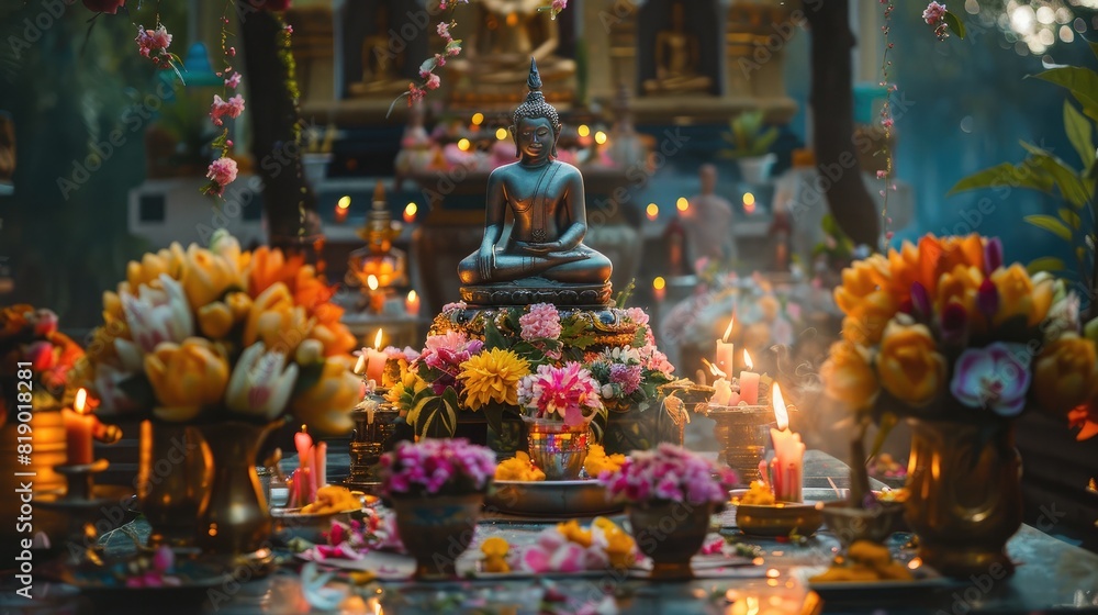 peaceful scene of devotees offering flowers at a temple altar on Visakha Bucha Day peaceful scene of devotees offering flowers at a temple altar on Visakha Bucha Day