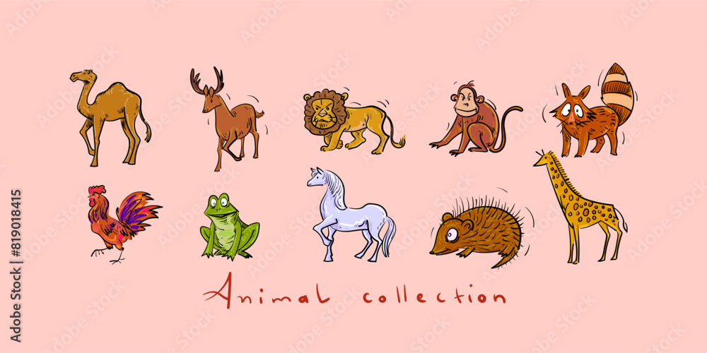 Fototapeta premium Cute cartoon animal icon character hand drawn vector illustration set. Wild, domestic, pet animal collection.