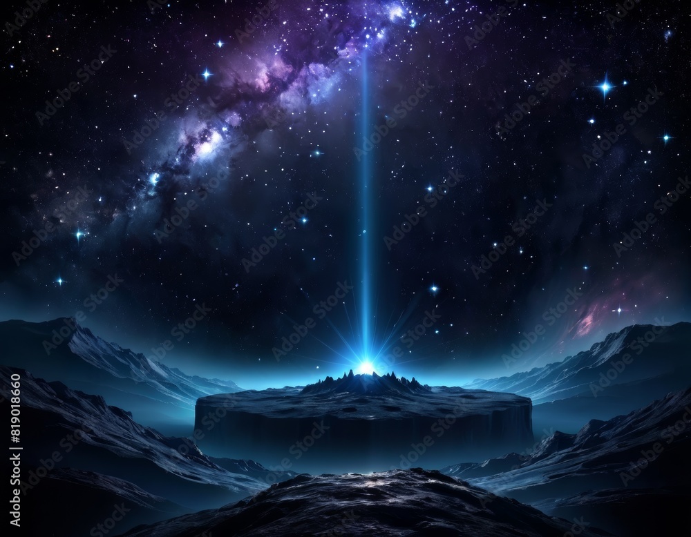 A stunning digital artwork depicting a powerful beam of light piercing through a star-studded night sky, illuminating an isolated plateau surrounded by distant mountains.. AI Generation