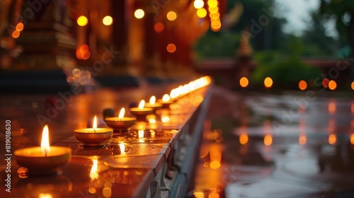 row of glowing candles lined up along a temple walkway, casting a warm light during Magha Bucha Day celebrations photo