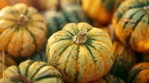 Close-up of vibrant green and yellow striped pumpkins, showcasing various sizes and unique patterns, arranged in a rustic setting