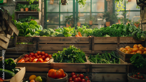 Regional organic shop / farmers market, vegetarian, vegan food background - Fresh healthy vegetables in wooden boxes on table photo