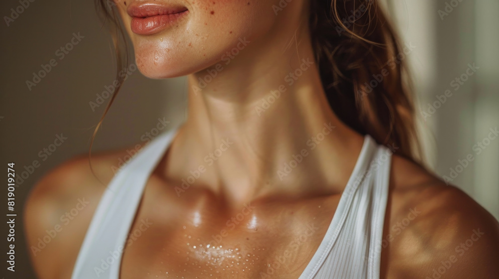 A woman with a white tank top and a tan face. She has a tan neck and a tan chest A woman with a white tank top and a tan face. She has a tan neck and a tan chest