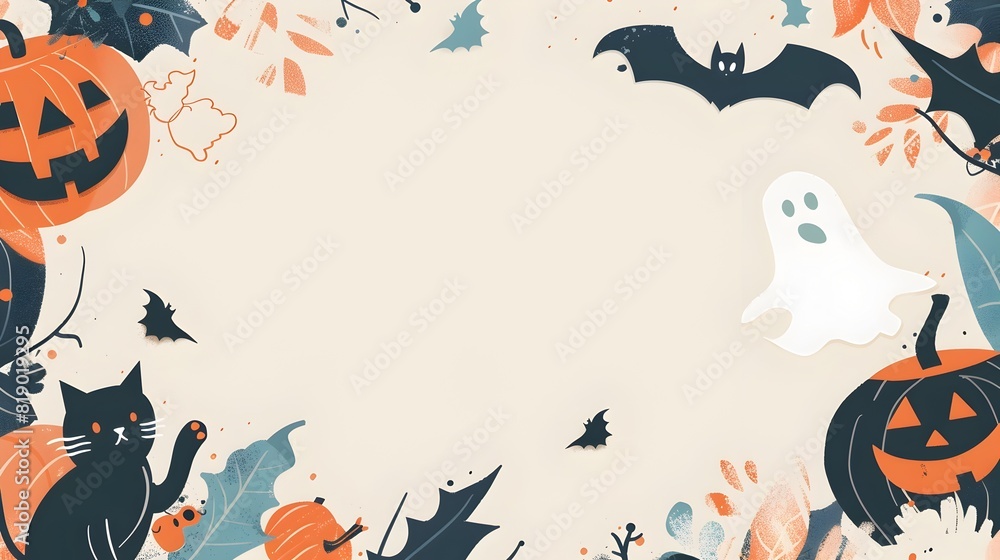 Spooky Halloween Pumpkins Bats and Ghosts in Autumn Leaves Background Spooky Halloween Pumpkins Bats and Ghosts in Autumn Leaves Background