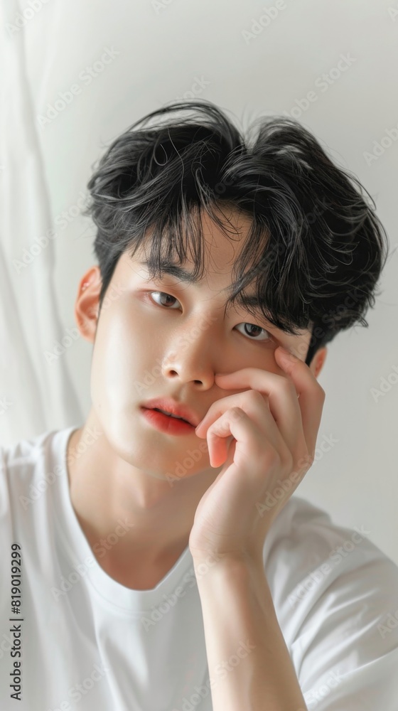 Young Asian man handsome black hair, with beauty skin on hand on face Young Asian man handsome black hair, with beauty skin on hand on face