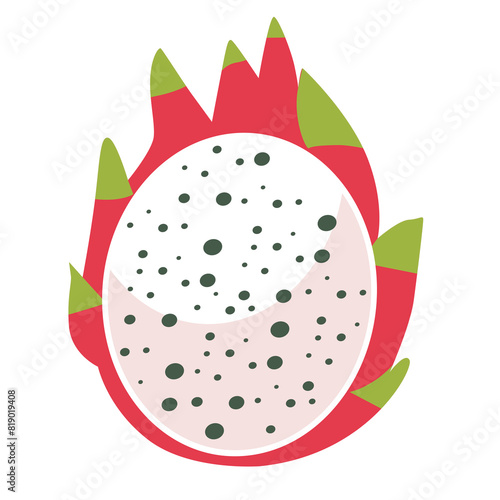 Cartoon white dragon fruit vector image, half slice pitaya or pitahaya flat icon design, asian tropical healthy fruits, buah naga putih isolated on white background