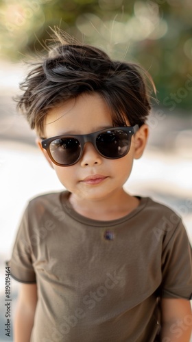 Handsome little boy wearing t shirt and black sunglasses casual fashion