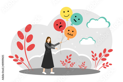 Different moods and emotions. A woman with balloons. Symptoms of PMS. Mental state