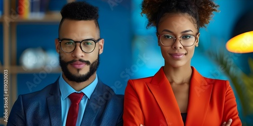 Two diverse professionals in business attire under pressure. Concept Business Professionals, Diverse Individuals, Pressured Environment, Professional Attire, Diversity in the Workplace photo