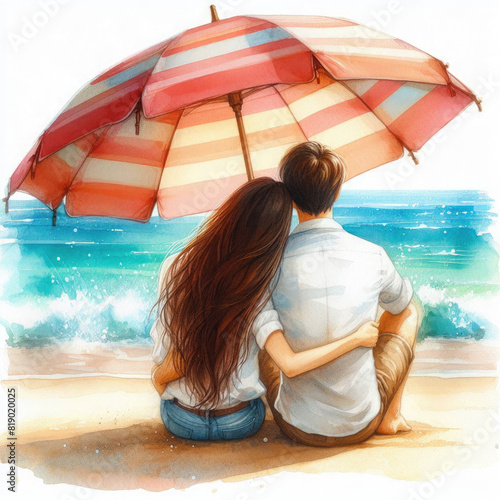 couple in love, a guy and a girl, are hugging on the seashore, on the beach, sitting under a beach umbrella overlooking the ocean. Watercolor illustration