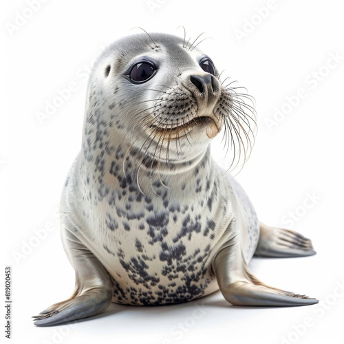 Close-up of a cute seal pup looking directly at the camera, highlighting its detailed fur pattern and curious expression.