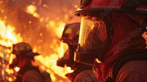 Close-up of firefighters working together to control a massive fire, flames reflecting in their visors photo