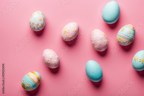 Handmade decorated Easter eggs on pink background