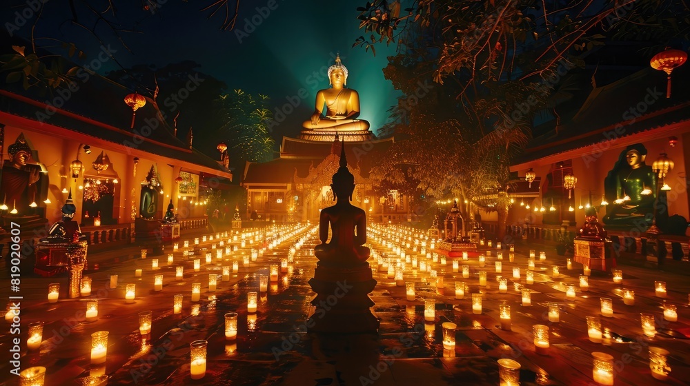 Buddha statue's shadow stretching over a temple courtyard filled with candle-lit lanterns on Magha Bucha Day