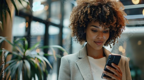 Successful afro-haired woman in modern office using smartphone 