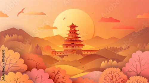 Sun set wallpaper in paper art and craft design concept with Himeji Castle background. Created  