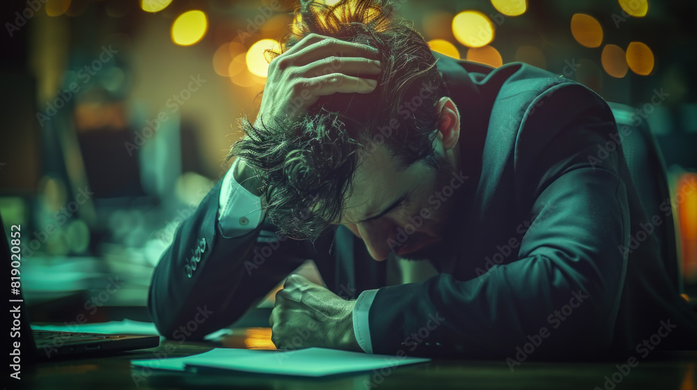 A man in a suit is sitting at a desk with his head in his hands. He is frustrated or upset A man in a suit is sitting at a desk with his head in his hands. He is frustrated or upset